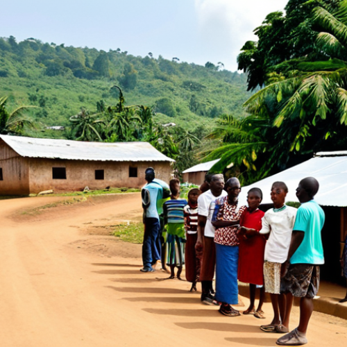 Home 15 A wide shot of a vibrant rural village in Sierra Leone, with a modern satellite internet dish prominently installed on a communal building. Several fully clothed villagers of diverse ages are gathered nearby, some looking at a tablet, others using mobile phones. The scene depicts modest clothing and appropriate attire, with lush green landscapes under a clear sky. Professional photography, high resolution, realistic, vibrant colors, natural lighting, safe for work, appropriate content, fully clothed, family-friendly, perfect anatomy, correct proportions, natural pose, well-formed hands, proper finger count, natural body proportions.
