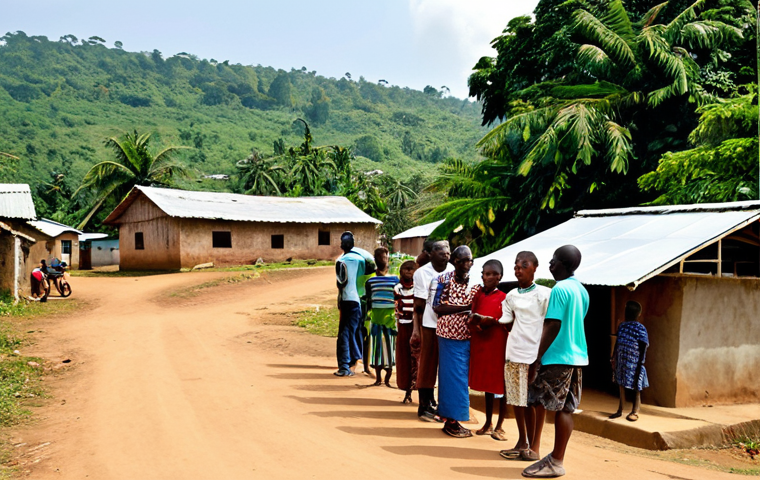 A wide shot of a vibrant rural village in Sierra Leone, with a modern satellite internet dish prominently installed on a communal building. Several fully clothed villagers of diverse ages are gathered nearby, some looking at a tablet, others using mobile phones. The scene depicts modest clothing and appropriate attire, with lush green landscapes under a clear sky. Professional photography, high resolution, realistic, vibrant colors, natural lighting, safe for work, appropriate content, fully clothed, family-friendly, perfect anatomy, correct proportions, natural pose, well-formed hands, proper finger count, natural body proportions.