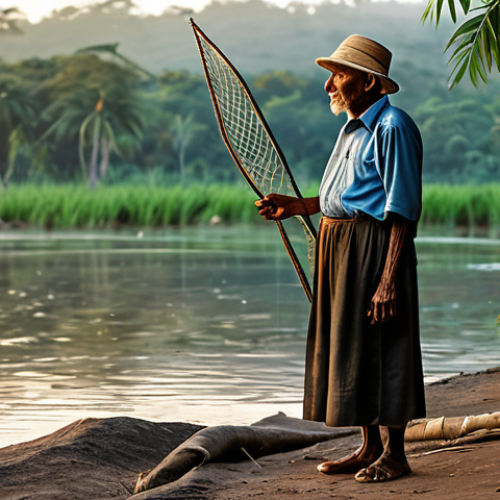 Home 14 A wise elder from a Taia River community, dressed in modest, traditional attire, stands contemplatively by the calm riverbank at dawn, holding a traditional fishing net. The scene emphasizes the deep cultural connection to the river, surrounded by lush tropical vegetation and soft morning light. Fully clothed, appropriate content, safe for work, professional dress, perfect anatomy, correct proportions, natural pose, well-formed hands, natural body proportions, family-friendly, high-quality photograph, realistic.
