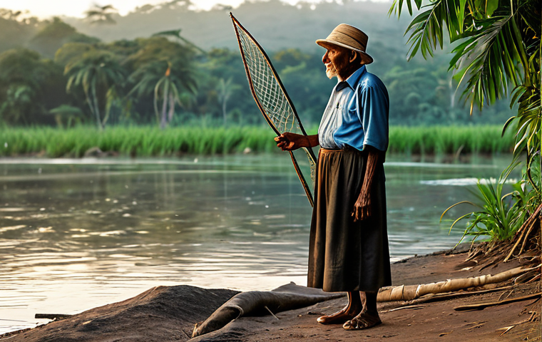 A wise elder from a Taia River community, dressed in modest, traditional attire, stands contemplatively by the calm riverbank at dawn, holding a traditional fishing net. The scene emphasizes the deep cultural connection to the river, surrounded by lush tropical vegetation and soft morning light. Fully clothed, appropriate content, safe for work, professional dress, perfect anatomy, correct proportions, natural pose, well-formed hands, natural body proportions, family-friendly, high-quality photograph, realistic.