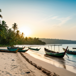 A panoramic shot of Bureh Beach in Sierra Leone at tranquil sunrise. The scene features pristine white sands gently meeting clear turquoise waters under a soft, golden sky. In the foreground, small, traditional wooden fishing boats are being pulled ashore by a few local fishermen, fully clothed in modest, work-appropriate attire. Lush green coconut trees line the distant shore, adding to the untouched, natural beauty. The atmosphere is calm and serene, capturing the authentic spirit of the beach. Perfect anatomy, correct proportions, natural pose, well-formed hands, proper finger count, natural body proportions, professional photography, high quality, safe for work, appropriate content, fully clothed, modest, family-friendly.