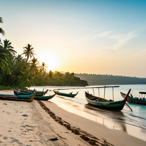 Home 7 A panoramic shot of Bureh Beach in Sierra Leone at tranquil sunrise. The scene features pristine white sands gently meeting clear turquoise waters under a soft, golden sky. In the foreground, small, traditional wooden fishing boats are being pulled ashore by a few local fishermen, fully clothed in modest, work-appropriate attire. Lush green coconut trees line the distant shore, adding to the untouched, natural beauty. The atmosphere is calm and serene, capturing the authentic spirit of the beach. Perfect anatomy, correct proportions, natural pose, well-formed hands, proper finger count, natural body proportions, professional photography, high quality, safe for work, appropriate content, fully clothed, modest, family-friendly.