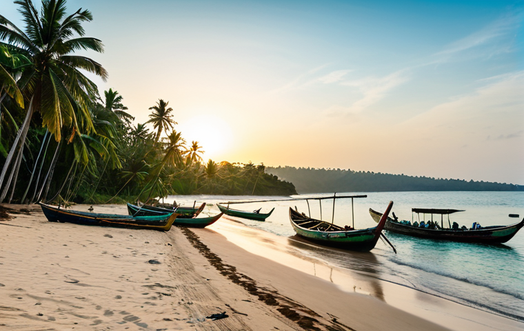 A panoramic shot of Bureh Beach in Sierra Leone at tranquil sunrise. The scene features pristine white sands gently meeting clear turquoise waters under a soft, golden sky. In the foreground, small, traditional wooden fishing boats are being pulled ashore by a few local fishermen, fully clothed in modest, work-appropriate attire. Lush green coconut trees line the distant shore, adding to the untouched, natural beauty. The atmosphere is calm and serene, capturing the authentic spirit of the beach. Perfect anatomy, correct proportions, natural pose, well-formed hands, proper finger count, natural body proportions, professional photography, high quality, safe for work, appropriate content, fully clothed, modest, family-friendly.
